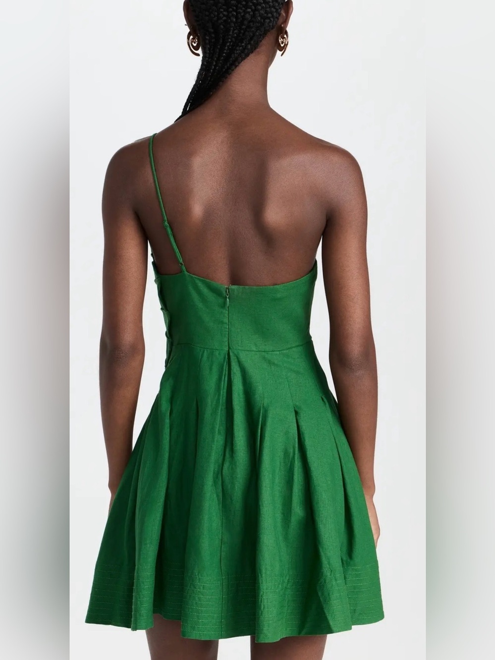 FARM Rio Green Lea One-Shoulder Pleated Linen-blend Mini Dress leaf bodice | S - Picture 4 of 10